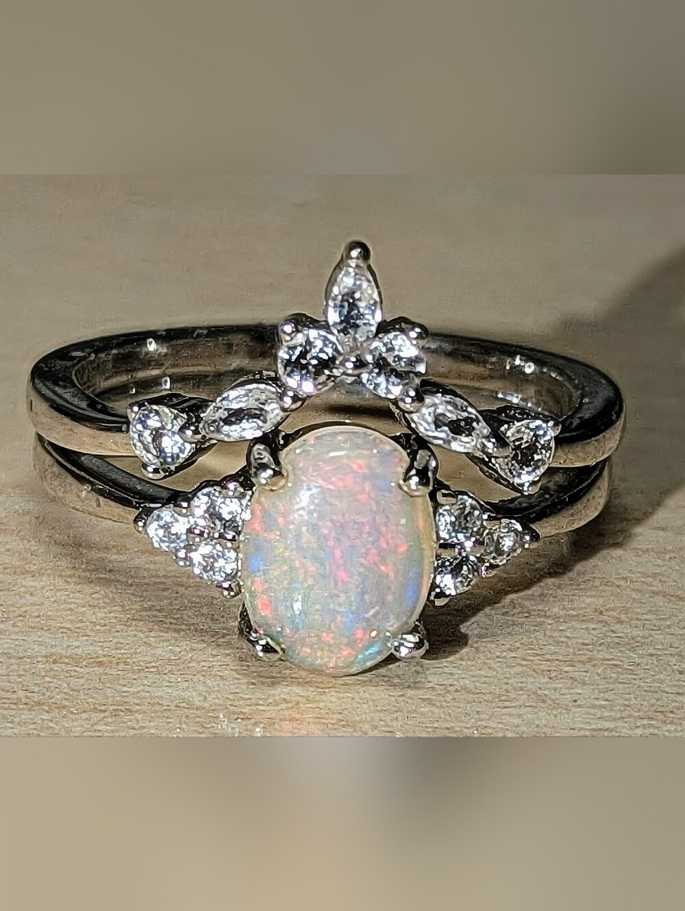 GENUINE Ethiopian Opal And White Topaz Stacker Ring. 925 Sterling Silver